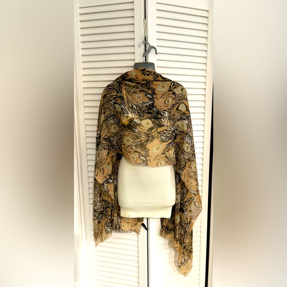 Cynthia Rowley vintage fashion scarf in peach, black, and white peacock